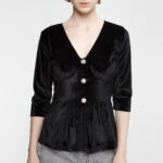 ΜΠΛΟΥΖΑ ΒΕΛΟΥΔΙΝΗ ΜΑΥΡΗ 3/4 ΜΑΝΙΚΙ VINTAGE ΜΕ ΝΤΕΚΟΛΤΕ ΚΟΜΨΟ ΘΥΛΗΚΟ ΣΤΕΝΟ ΣΤΗ ΜΕΣΗ